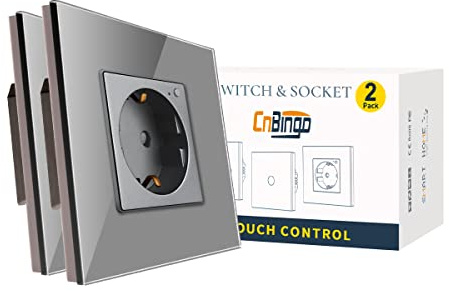 CNBINGO WLAN Schuko Steckdose Unterputz, Glas Smart Steckdose Grau | Arbeit mit Alexa(Echo, Echo Dot), Google Assistant, APP Steuerung, Nur 2.4 GHz WiFi, 1 Fach, 2er Pack