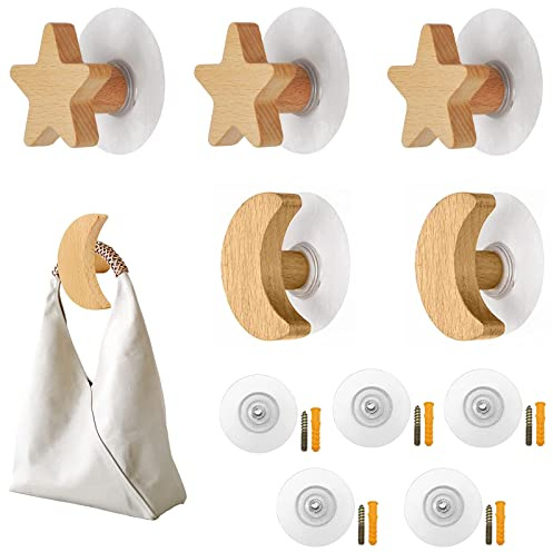 Monsully 5 Appendiabiti da Muro Legno Naturale, Attaccapanni Muro Bambini Appendiabiti Ganci Decorativi Appendiabiti, per Appendere Vestiti, Cappelli, Asciugamani, Borse (Luna+Stelle)