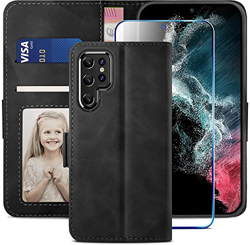YATWIN Handyhülle für Samsung Galaxy S22 Ultra 5G Hülle, Klapphülle Galaxy S22 Ultra Premium Leder Brieftasche Schutzhülle [Kartenfach][Magnet][Stand] Handytasche für Samsung S22U Case, Schwarz