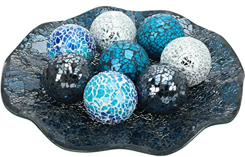 Suclain Centerpiece Bowl and Decorative Balls Set 8 Pcs Table Mosaic Plate with 2.4 Inch Glass Mosaic Orbs Glass Turquoise Tray and Spheres for Centerpiece Table Home Vases Decor (Multicolor)