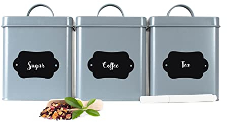 Sendez 3 Vorratsdosen aus Metall mit Tafelfeld Vorratsbehälter Keksdose Aufbewahrungsdose Grau