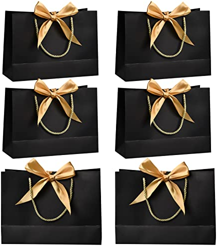 Geschenktaschen mit Krawatte, 6 Stück Geschenktüten aus Papier, Groß Geschenkbeutel Papiertüten zum Einkaufen von Kleidung, Elegant Einkaufstasche Hochzeit Weihnachten Halloween, 28*20*10cm (Schwarz)