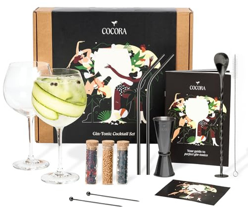 Set de Regalo Cocora Gin Tonic | Juego de cóctel de 11 Piezas | Accesorios para Ginebra | Copas de cóctel, Taza medidora, pajitas | Caja de Regalo con Juego de Ginebra para Hombres y Mujeres