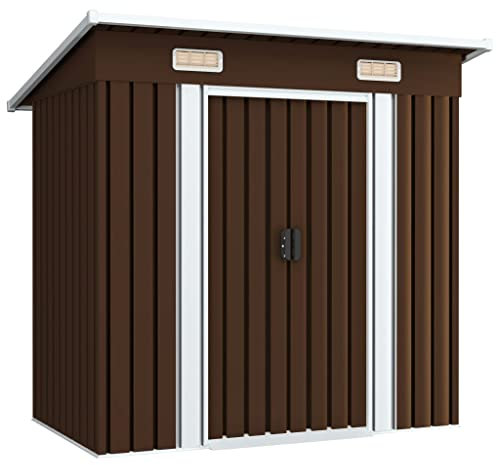 YEZIYIYFOB Gartenhaus Geräteschuppen Braun 194x121x181 cm Stahl Gartenschrank Fahrradgarage Gartenhaus Metall Fahrradbox Gartenschrank Wetterfest Fahrradunterstand GeräTehaus mit 2 Lüftungsschlitzen