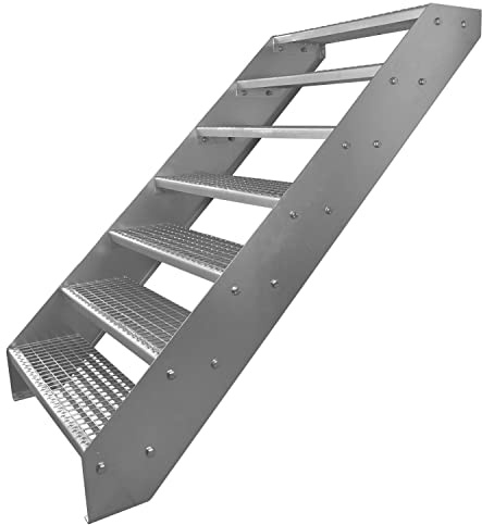Premium Caillebotis acier Escalier à limon 7 Marches Entièrement galvanisé - Dimensions (L x l x H) 139cm x 60cm x 133cm Résistant aux intempéries et protégé contre la corrosion