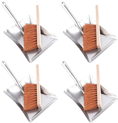 BAUSTER® 4 Stück Kokos Kehrgarnitur mit Holzbesen Besen mit Kehrschaufel Set Handbesen Schaufel Kehrblech und handfeger Metall Verzinkt Handfeger und Schaufel kaminbesen Hitzebeständig