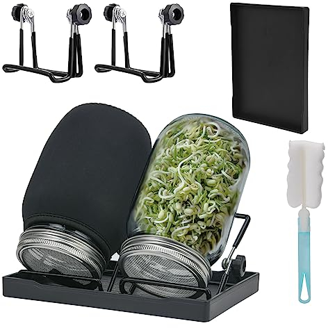 Deefongo Seed Sprouting Jar Kit 2 pcs, 1000ml Wide Mouth Quart Jars Sprouts Growing Kit with Screened Sprouting Lids, Holder and Canning Brush for Growing Broccoli, Alfalfa, Mung Beans(Black)