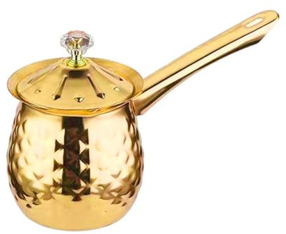 Alunsito 7 Oz Stainless Steel Turkish Greek Arabic Coffee Pot with Lid and Handle, Cezve Turkish Coffee Pot, Ibrik, Briki Greek Coffee Pot, Hammered Turkish Coffee Maker, Gold, 200 Ml