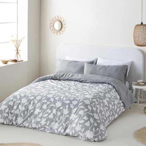 COTTON ARTean Funda Nórdica Reversible Cama 90 NARCEA Gris Microfibra cepillada Funda edredón 150x220 + 1 funda almohada Cierre Botones