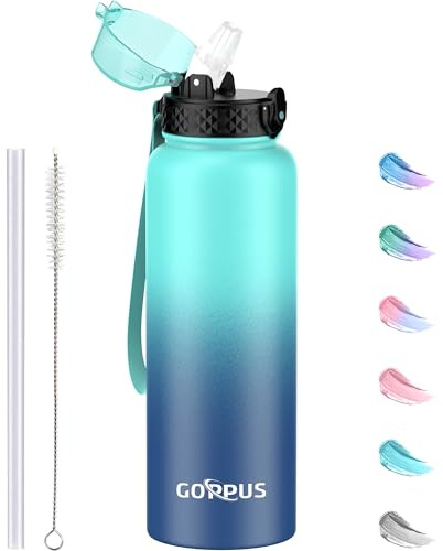 GOPPUS 1.2L/40oz Borraccia Inossidabile con Cannuccia Borraccia per Acqua Termica Fredda Borracce in Acciaio a Doppia Parete Borracce Isolate a Tenuta Stagna Borraccia per Adulti Flip Top