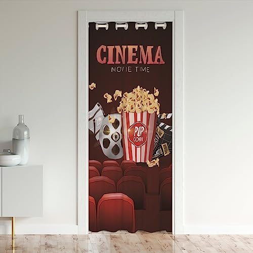 Loussiesd Film Theater Dekor Türvorhang 132x203cm Popcorn Dekor Film Nacht Vorhang für Innentür Raumteiler für Wohnzimmer Kino Alte Mode Home Theater Türen mit Fenstern