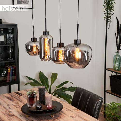 HOFSTEIN Hängeleuchte Talok, 4-flammige Hängelampe aus Metall/Glas in Schwarz/Rauchfarben, moderne Leuchte im Retro/Vintage-Design, Höhe max. 120 cm, E27, Esszimmer, Küche, Wohnzimmer