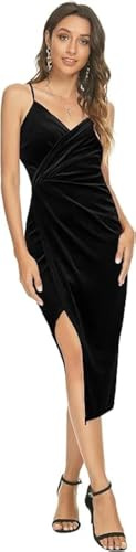 Vestido en Terciopelo Dorado para Mujer Elegante sin Mangas Correa de Espagueti Bodycon Sexy Hendidura Vestidos de Cóctel en V Envolvente Clásico Negro Slim Fit Midi Vestido para Fiesta Club Noche