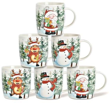 Tassen 6er Set Xmas Kinder Motive - Bunte Porzellan Kaffeebecher als Weihnachtstassen in 12 cm - Süße Kaffeetassen für Weihnachten spülmaschinenfest und mikrowellengeeignet