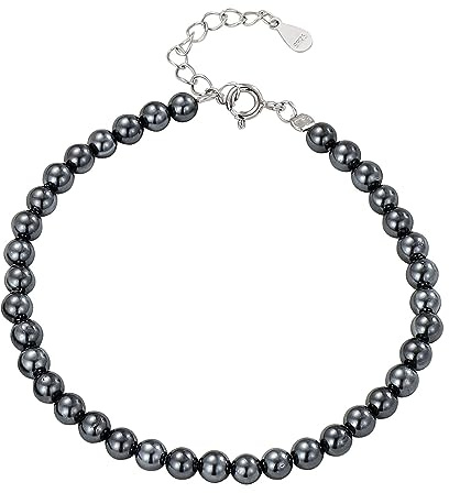 Hmzidz Armband Damen Elegant mit Perlen,Armkettchen Mädchen in 925 Sterling Silber,Dünne Perlenarmbänder Damen,Grau Perlenarmband Silber Modeschmuck für Freundin und Mutter,Verstellbares(Grau)