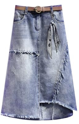 SLOKFV5 Skirt Falda Larga de Mezclilla Irregular con Borde Crudo para Mujer, Falda Informal de Cintura Alta, línea A, Falda asimétrica de Talla grande, Falda Vaquera Midi con cinturón Playa