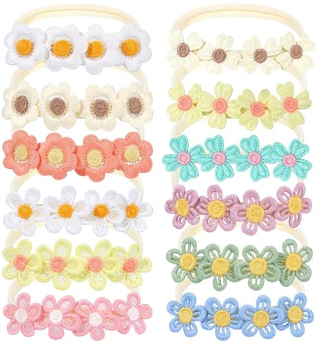 Hebterrka 12 stycken pannband för baby flickor, blommor, pannband för baby flickor, nylon elastiskt hårband, tusensköna pannband, småbarn hårtillbehör