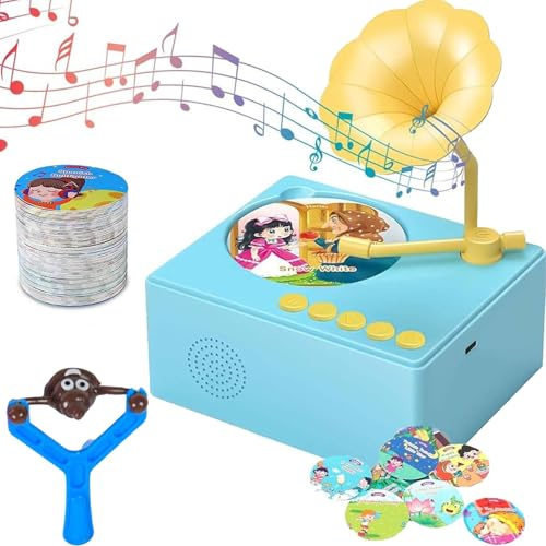 Gienslru Kids Gramophone with 96 Cards, Children's Phonograph Story Music Player Gift Boys Girls, Toddler Toys, Kids Phonograph Record Player, Musical Sensory Toy Listen with Story & Music (Blue)