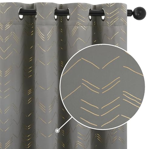 Deconovo Grey Curtains 66 x 54 Inch Gold Zigzag Lines Foil Printed Thermal Eyelet Curtains for Bedroom Light Grey 2 Panels