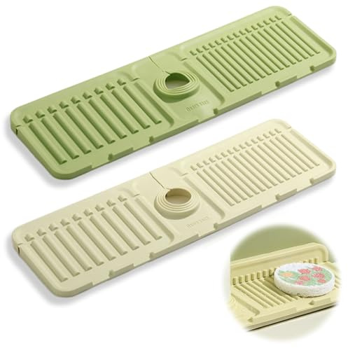 ROROJOYMA 2 Stück Wasserhahn-Spritzschutz Silikon Abtropfmatte Spüle für Küche Bad Spülbecken Zubehör Beige, Grün (45 * 14cm)