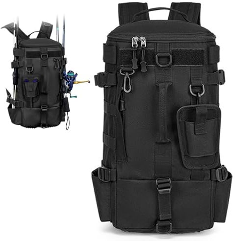 Yunlaishaocer Angelrucksack mit Rutenhalter, Wasserdichter Outdoor Rucksack aus Oxford-Stoff, Lässiger Mehrzweck Angel Rucksack für Camping, Radfahren, Militär (Schwarz)
