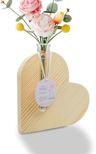 Dumeher Geschenke für Mama von Tochter Sohn Mama Geschenk Handgeschnitzt Holzherz mit Blumenvase und Grußkarte Holz-Herzvase als Muttertag Geburtstags Ruhestand Weihnachten, Keine Blumen