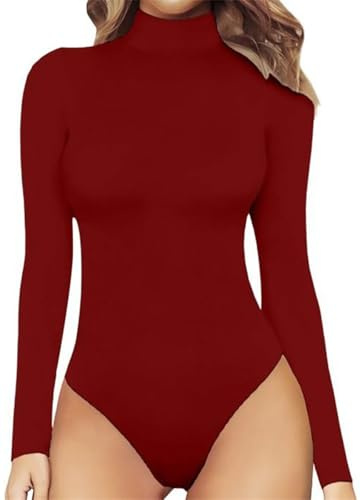 RUISHH Body de Manga Larga para Mujer Camisetas con Cuello Alto Elegantes Top con Botones Monos Rojo S