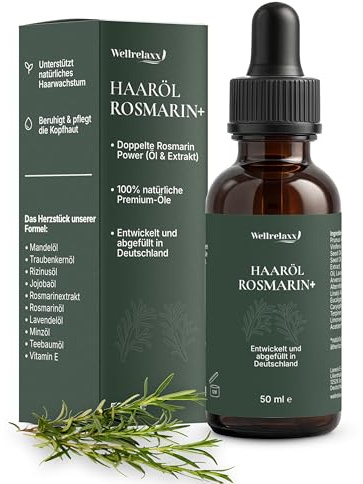 Wellrelaxx Rosmarinöl Haare | Rosmarin+ Formel für Fülle & Wachstum, veredelt u.a. mit Rizinusöl, Mandelöl und Vitamin E | Entwickelt & abgefüllt in Deutschland | 100% Natürliches Haaröl