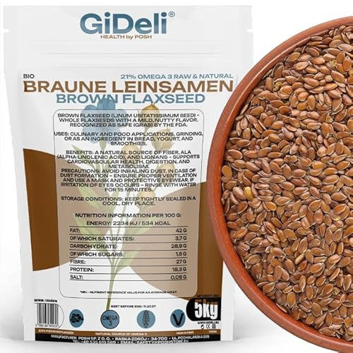 GiDeli Leinsamen Braun 5kg ganz Braune Leinsamen Leinsaat Braun Müsli zum Backen Naturprodukt Vegan