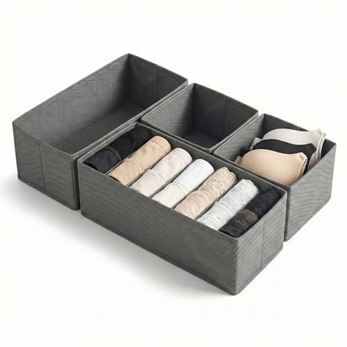 Vazcan® Organizadores de Cajones para Ropa Interior - Set 4 Cajas Plegables Gris Claro | 2 Cuadradas Pequeñas y 2 Rectangulares | Cajas Organizadoras de Tela para Armario o Cajón