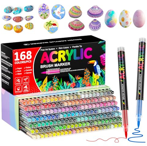 TrendGate 168 Farben Acrylstifte für Steine Wasserfest, Schnelltrocknend | Permanent Pinselspitze Acrylstifte für Holz, Leinwand, Stoff, Glas, Metall, Papier, Keramik, Ostereier, Deko usw.
