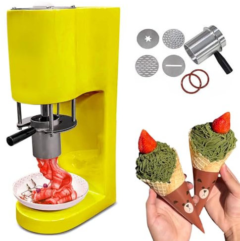 Máquina de Prensa de Helado Espagueti - 4 Moldes Intercambiables, Diseño Ahorrador de Espacio, Inicio con Un Toque, Fácil de Limpiar, Máquina de Postres Soft para Tiendas y Catering,Yellow