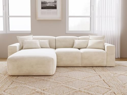 GRAINGOLD Leni Ecksofa 265x180 cm, L-Form Sofa, Ecksofa für Wohnzimmer, Geflechtstoff, 3-Sitzer Eckcouch, Modernes Design (Beige, Links)