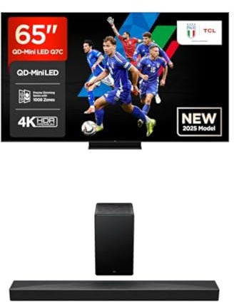 TCL Bundle of 65Q7C 65” QLED TV 4K QD-Mini LED Soundbar Q65H 5.1 con tecnologie Dolby Atmos e Ray-Danz Adattamento sonoro AI- HDMI eARC 2.1 e passthrough HDMI - Bluetooth 5.3