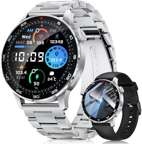 FITFLEX Smartwatch Herren, 750mAh, 1.43“ AMOLED, für Android iOS, Silber | Smartwatch Herren, 750mAh Akku, 1.43 AMOLED, Anruf, 120+ Sportmodi, Gesundheits-Tracking, Zwei Armbänder, Robust