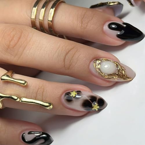 Faux ongles pressés en forme d'amande, taille moyenne, 3D doré, forme d'étoiles, en forme de cercueil, couvrants, réutilisables, en acrylique, pour femmes, kit de manucure DIY