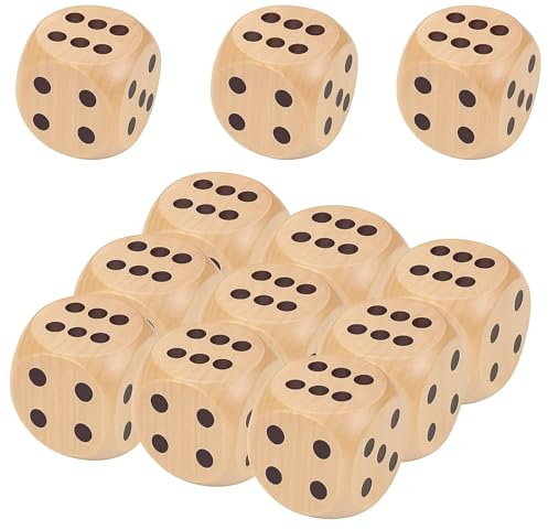PDirat 12 dadi grandi, 3 cm, cubi in legno naturale, dadi da gioco, grandi per giochi da tavolo e intrattenimento in famiglia per bambini e adulti