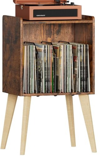 Gannyfer Record Player Stand – Minimalist Vinyl Record Storage Holds Up to 160 Albums, Mid-Century Record Holder Display Shelf with Wood Legs, Turntable Cabinet for Living Room, Bedroom (Brown)