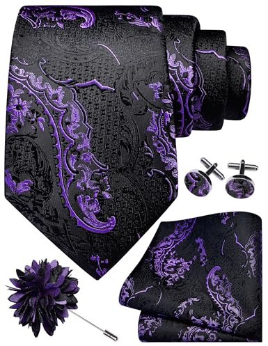 Gusleson Black Lavender Tie Set for Men Silk Paisley Purple Necktie Pocket Square Cufflinks and Lapel Pin Brooch Set for Wedding (UK6114-35)
