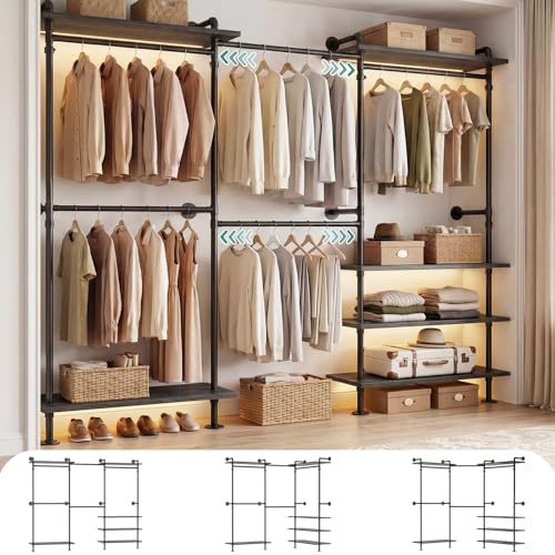 iSunirm Kleiderschrank System Offen – Teleskop Kleiderstange Schwerlast, Begehbarer Kleiderschrank, Flexibel als L-Form oder Gerade, Industrial Pipe Design für Schlafzimmer & Ankleidezimmer