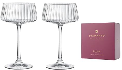 DIAMANTE Champagne Cocktail Saucers/Coupes Pair - 'Mirage Optic' - Hand Cut Crystal Set of 2-220ml Capacity