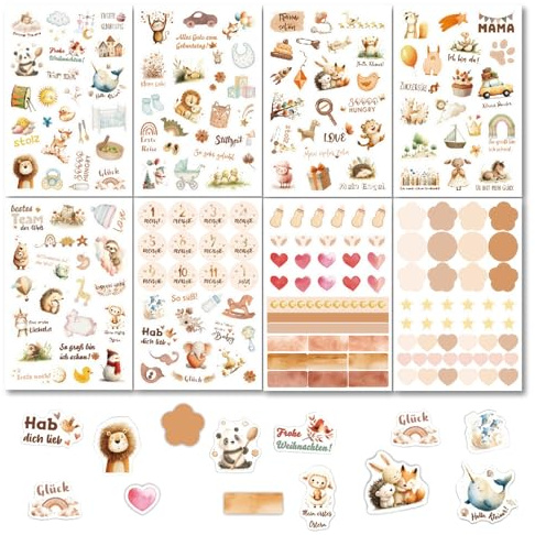 BSITSSS 16 Fogli Adesivi Scrapbooking, 422 Pezzi Stickers Aesthetic Album Nascita Bambino, Stickers Journaling per Album Neonati Battesimi Scrapbook Ricordi Della Nascita