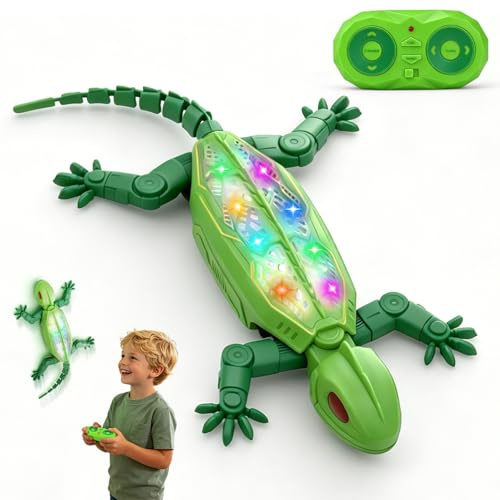LTFIOON Gecko Teledirigido con Iluminación Dorsal, Nuevo Lagarto Trepador de Paredes – 9 Modos de Luz, Ventosa Potente, Depósito de Polvo Extraíble, Type-C Recargable – Juguete RC Gecko para Niños