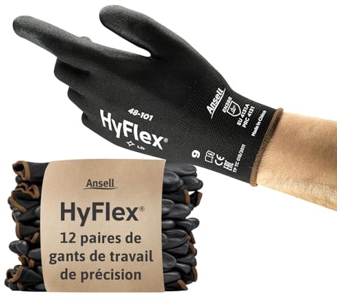Ansell HyFlex 48-101 Guantes de Trabajo Finos, Alta Precisión Táctil, Forro Elástico con Revestimento de Poliuretano, Protección Multiusos, Bricolaje y Mecánica, Negro, Talla S (12 Pares)