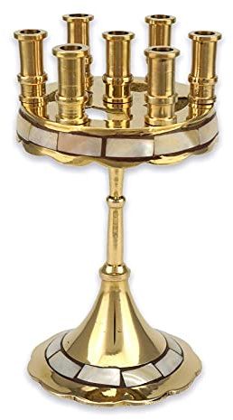 Orthodoxer Kerzenhalter - 7 Kerzen Messing Kandelaber mit Perlmutt-Inlay, Heim Ikone Altar, Gebetsecke, Höhe 15,0 cm