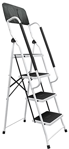 DAWNYIELD Scaletta a 4 Gradini in Acciaio Pieghevole Antiscivolo con Corrimano di Sicurezza Sgabelli per Impieghi Gravosi per Adulti Casa Cucina all'aperto - Scala a 4 Gradini
