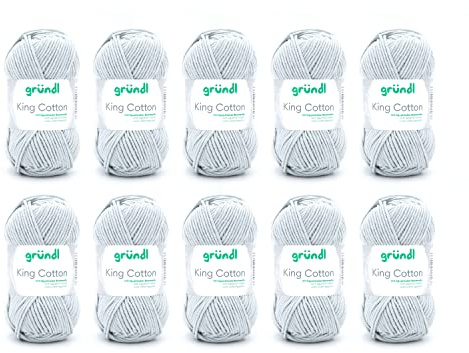 Gründl Wolle King Cotton Baumwolle 10 Knäuel 50 g, hellgrau | dicke Wolle zum Stricken - Strickgarn - Häkelgarn - 55 % Polyacryl, 45 % Baumwolle - 50 g / 78 m - Nadelstärke 6-7