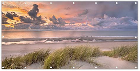 MuchoWow® Balkon Sichtschutz Sichtschutzmatte Balkonbanner Abdeckung für Terrasse Balkon Windschutz Blickdicht Wetterfest 200x110 cm Sonnenuntergang - Düne - Strand - Pflanzen - Meer