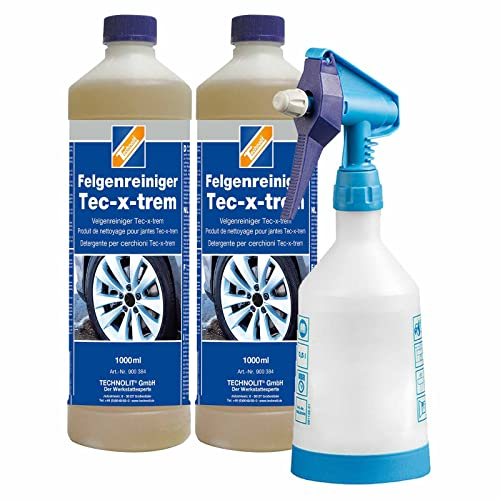 TECHNOLIT Felgenreiniger Tec-x-trem 2x1L inkl. Sprühflasche 500 ml - Leichtmetall Alu Stahl Chrom Felge, Flugrostentferner