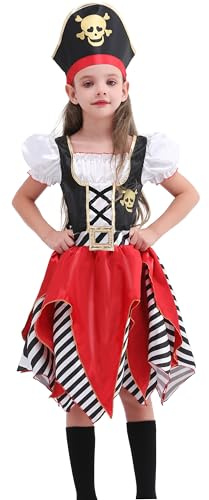 Rabtero Kinder Piraten Kostüm, Deluxe Piraten Cosplay Dress Up Set für Jungen, Luxus Piraten Prinzessin Kleid für Mädchen, Piraten Kostüm mit Zubehör für Kinder 3-10 Jahre alt